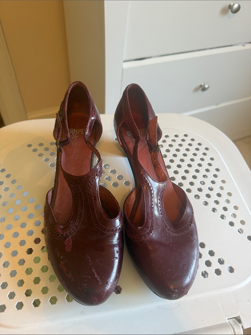 Camper Burgundy Leather T-Strap Heels